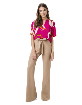 Beige Flared Broek Met Riem - Calca Abertura Flare