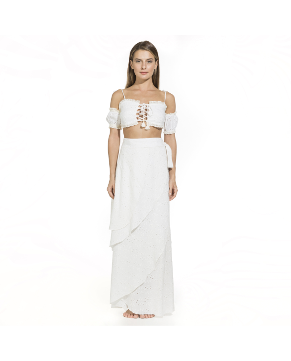 Langt Strandskjørt Med Broderi - Frida Off White
