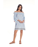 Bardot Neckline Striped Beach Dress - Viento Blue Stripes