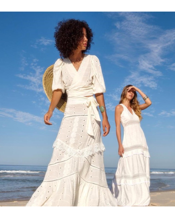 Vestido Largo De Playa Blanco Con Bordado -...