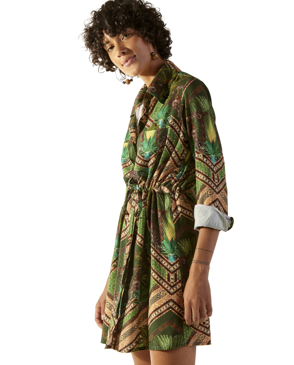 Robe Chemise Imprimé Ethnique Vert - Chemise Java