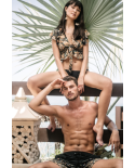 Crop Top Con Volant Con Stampa Nero E Ocra - Monica Kasuti