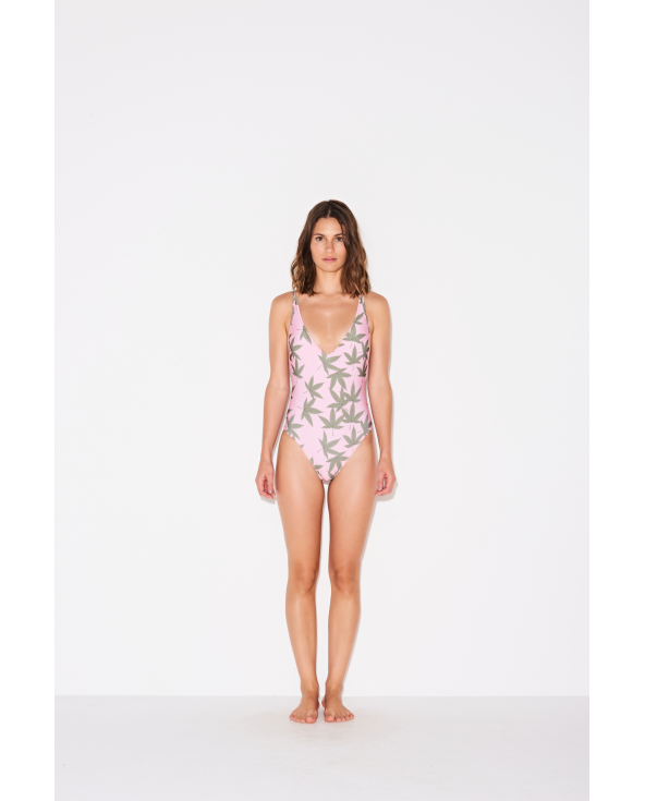 Pink One-Piece Swimsuit With Leaves Print -...