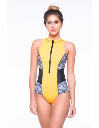 Yellow/Printed Sleeveless Surf Suit - Regata Neo Laranja