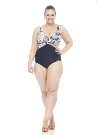 Blomstret/Sort Badedragt, Plus Size - Plumeria