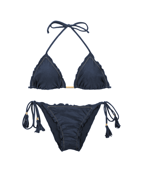 Nachtblauer Scrunch-Bikini Mit Fransenpompons -...