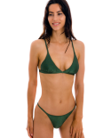 Bikini Brasiliano Verde Oliva Con Slip Sfacciato A Strisce Sottili Sui Fianchi E Reggiseno Fisso Regolabile - Set Croco Tri-Fixo