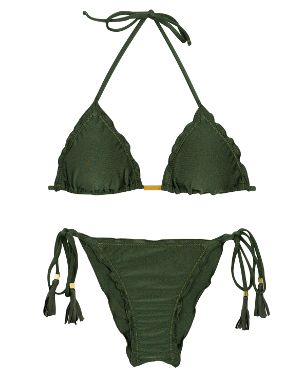 Scrunch-Bikini Dunkelgrün Schimmernd, Rand...