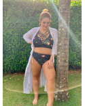Plus Size Crop Top Bikini, Zwart En Bedrukt, Met Bandjes - Bikini Alycia Preto