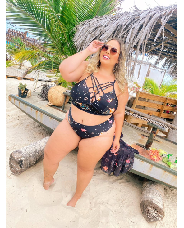 Plus Size Printed Black Strappy Crop Top Bikini...