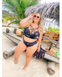 Plus Size Printed Black Strappy Crop Top Bikini - Bikini Alycia Preto