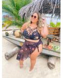 Plus Size Strappy-Crop-Top-Bikini Schwarzgrundig Gemustert - Bikini Alycia Preto
