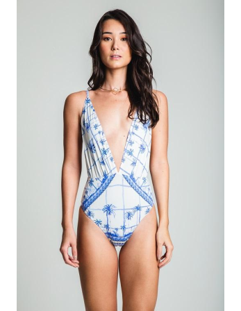 White Deep Plunging Neckline Swimsuit With Plam Tree...