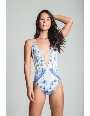 White Deep Plunging Neckline Swimsuit With Plam Tree... 2
