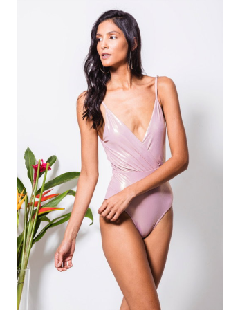 Light Pink Shiny Plunging Neckline - Transpasse Rosa...