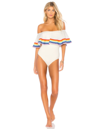 Costume Da Bagno Bianco A Spalla Scoperta Con Strisce...