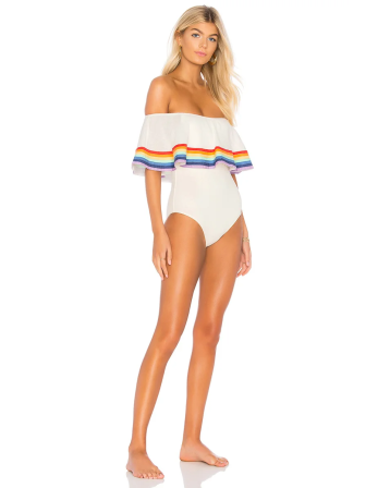 Costume Da Bagno Bianco A Spalla Scoperta Con Strisce... 2