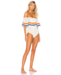 Costume Da Bagno Bianco A Spalla Scoperta Con Strisce Arcobaleno - Bebel Off White
