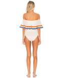 Costume Da Bagno Bianco A Spalla Scoperta Con Strisce Arcobaleno - Bebel Off White