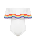Costume Da Bagno Bianco A Spalla Scoperta Con Strisce Arcobaleno - Bebel Off White