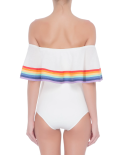 Costume Da Bagno Bianco A Spalla Scoperta Con Strisce Arcobaleno - Bebel Off White