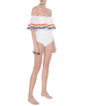 Costume Da Bagno Bianco A Spalla Scoperta Con Strisce Arcobaleno - Bebel Off White