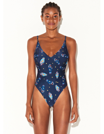 Navy Blue One-Piece Swimsuit With Mystical Hands Motif -...