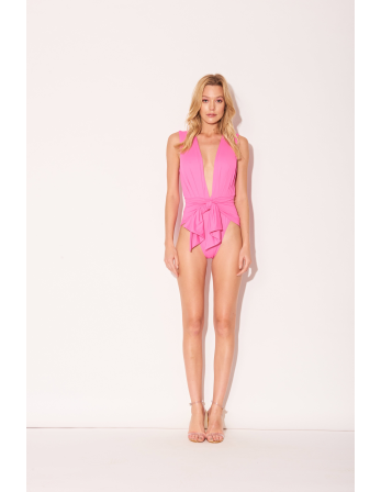 Pink Plunging One-Piece Swimsuit With A Front Tie - Band...
