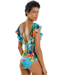 Tropical Print Ruffle Neckline One-Piece Swimsuit - Maio Hula Maresia