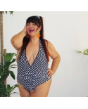 Plus Size Polka Dot One-Piece Swimsuit With V Neckline And Open Back - Maio Frente Unica Melissa Poa