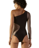Taupe & Black Assymmetric One-Piece Swimsuit - Ornamento Caramel Preto