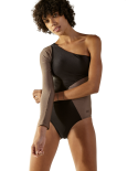 Taupe & Black Assymmetric One-Piece Swimsuit - Ornamento Caramel Preto