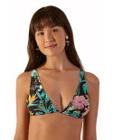 Top De Triângulo Alto Preto C/ Flores Tropicais - Top Sauipe Hawai