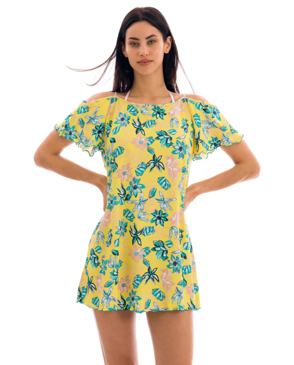 Mini Vestido Amarillo Con Hombros Abiertos Y...