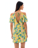 Rückenfreies Strandkleid Gelbgrundig Geblümt - Saida Florescer Off Shoulder