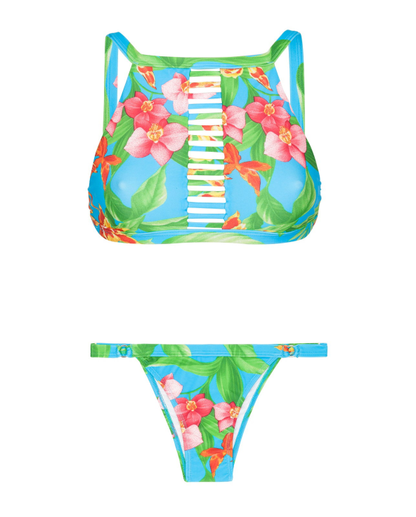 Floral Crop Top Bikini, Strappy Neckline -...