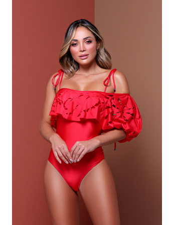 Laser Cut Sleeve One Piece Red