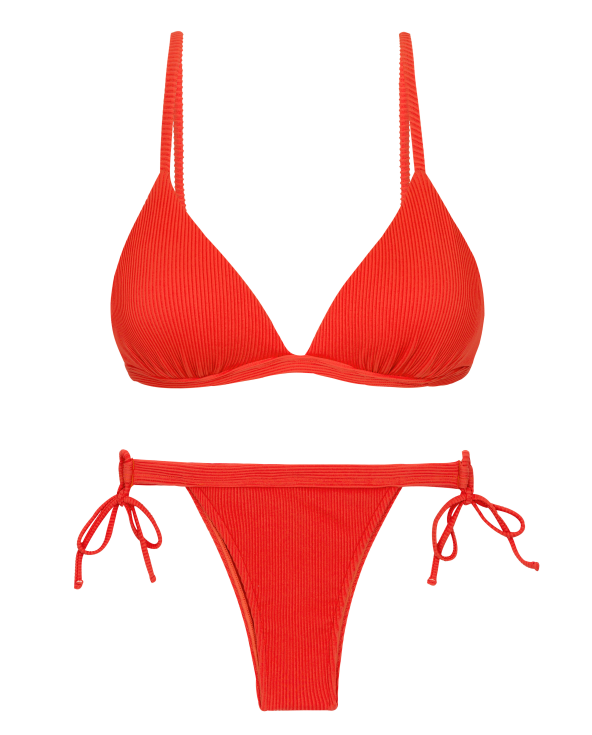 Red Ribbed Double Side-Tie Bikini With Triangle...